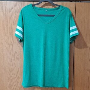 Green V-Neck T-Shirt with White Stripes